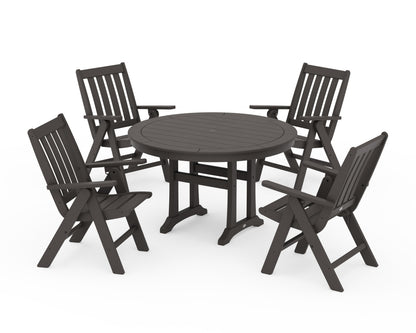 POLYWOOD Vineyard Folding Chair 5-Piece Round Dining Set with Trestle Legs in Vintage Coffee