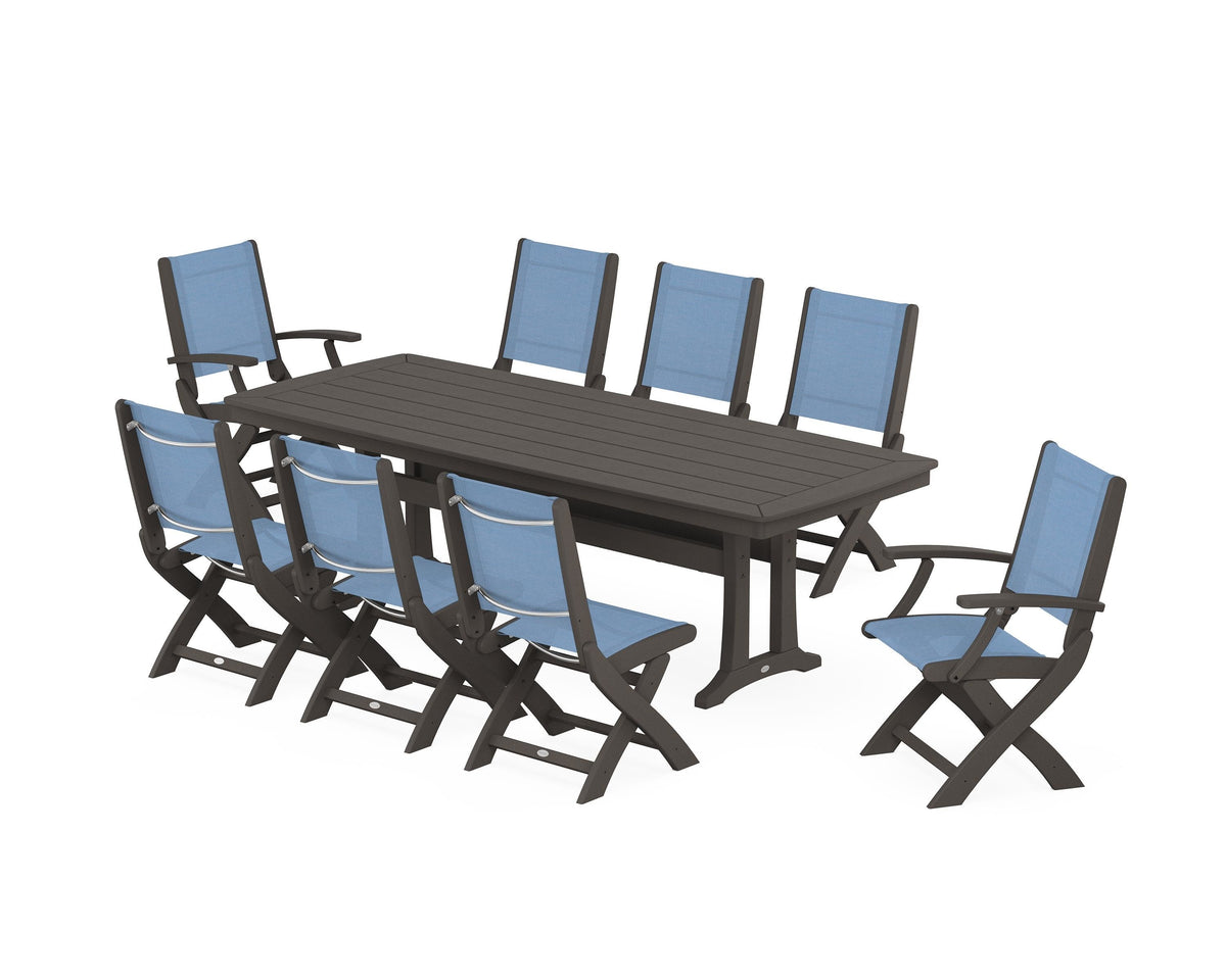 POLYWOOD Coastal Folding 9-Piece Dining Set with Trestle Legs in Vintage Coffee / Poolside