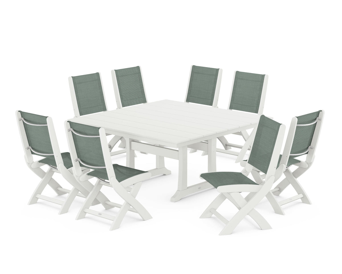POLYWOOD Coastal Folding Side Chair 9-Piece Farmhouse Dining Set in Vintage White / Dupioni Sea Mist