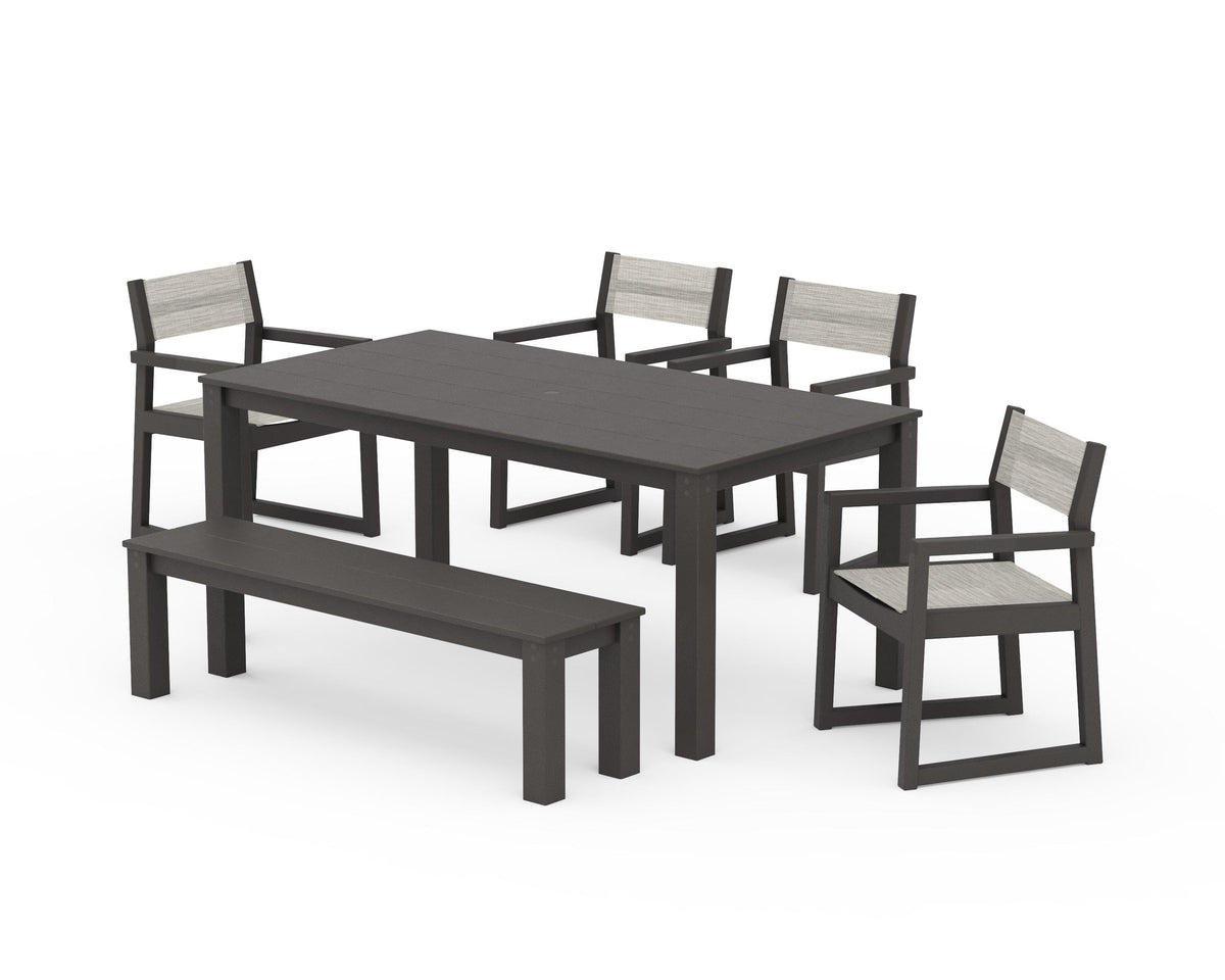 POLYWOOD EDGE Sling Arm Chair 6-Piece Parsons Dining Set with Bench in Vintage Coffee / Birch
