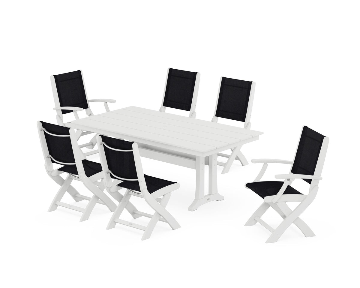 POLYWOOD Coastal Folding Chair 7-Piece Farmhouse Dining Set with Trestle Legs in White / Black