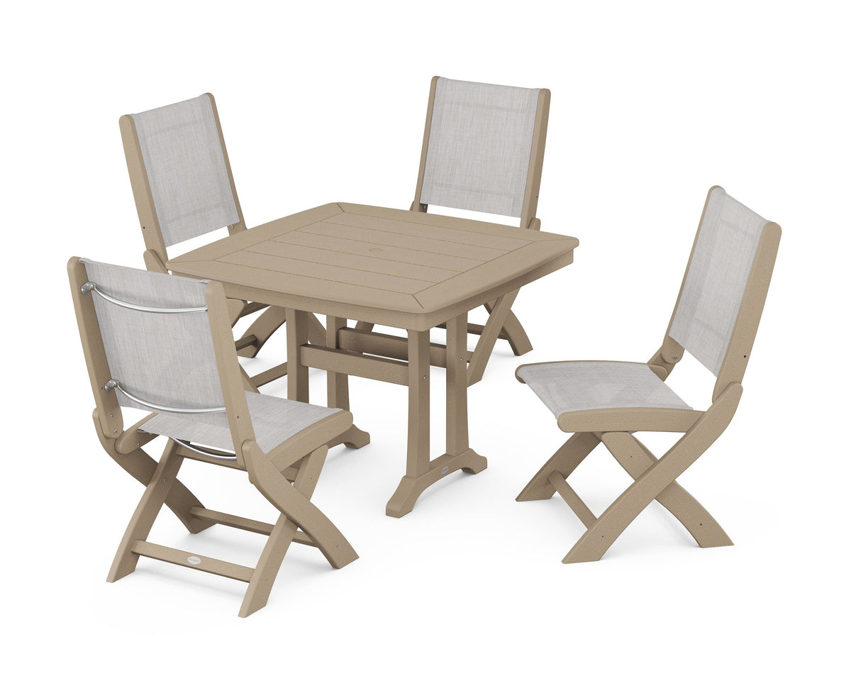POLYWOOD Coastal Folding Side Chair 5-Piece Dining Set with Trestle Legs in Vintage Sahara / Parchment