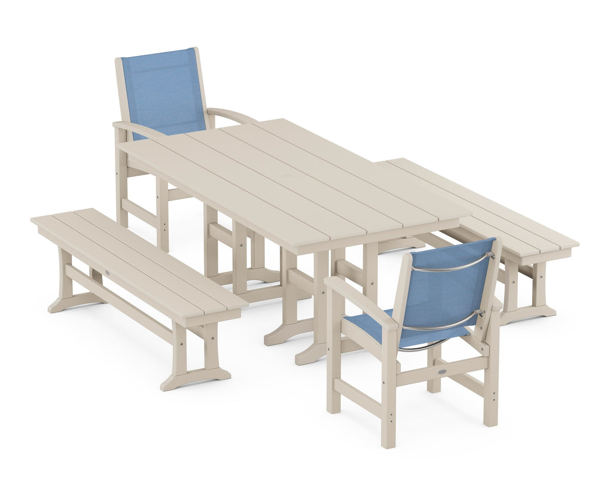 POLYWOOD Coastal 5-Piece Farmhouse Dining Set with Farmhouse 37" x 72" Dining Table in Sand / Poolside