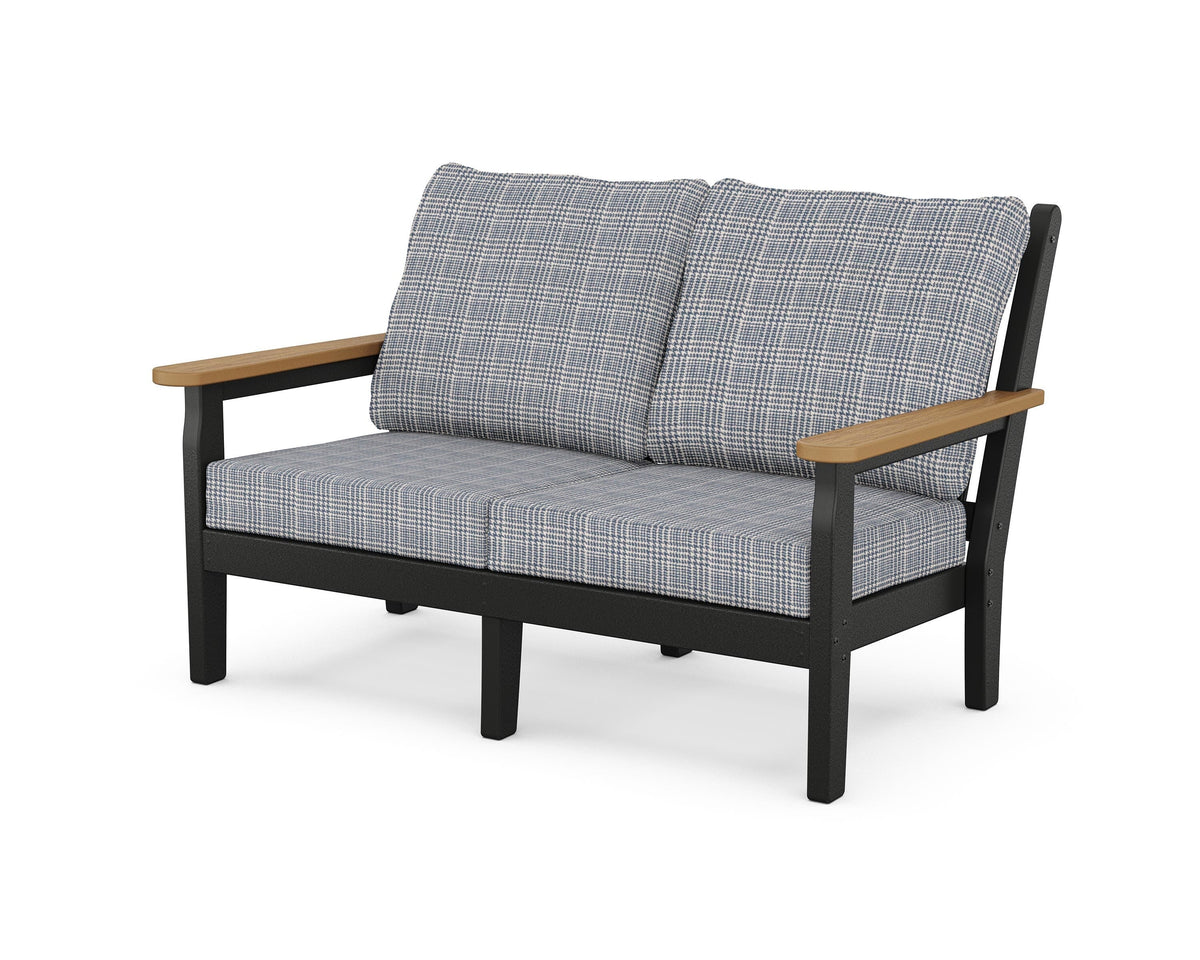 POLYWOOD Chippendale Deep Seating Loveseat in Black / Natural / Houndstooth Sky Blue