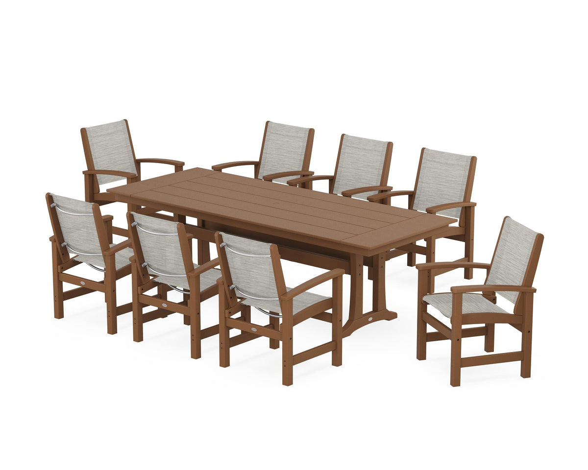 POLYWOOD Coastal 9-Piece Farmhouse Dining Set with Trestle Legs in Teak / Birch