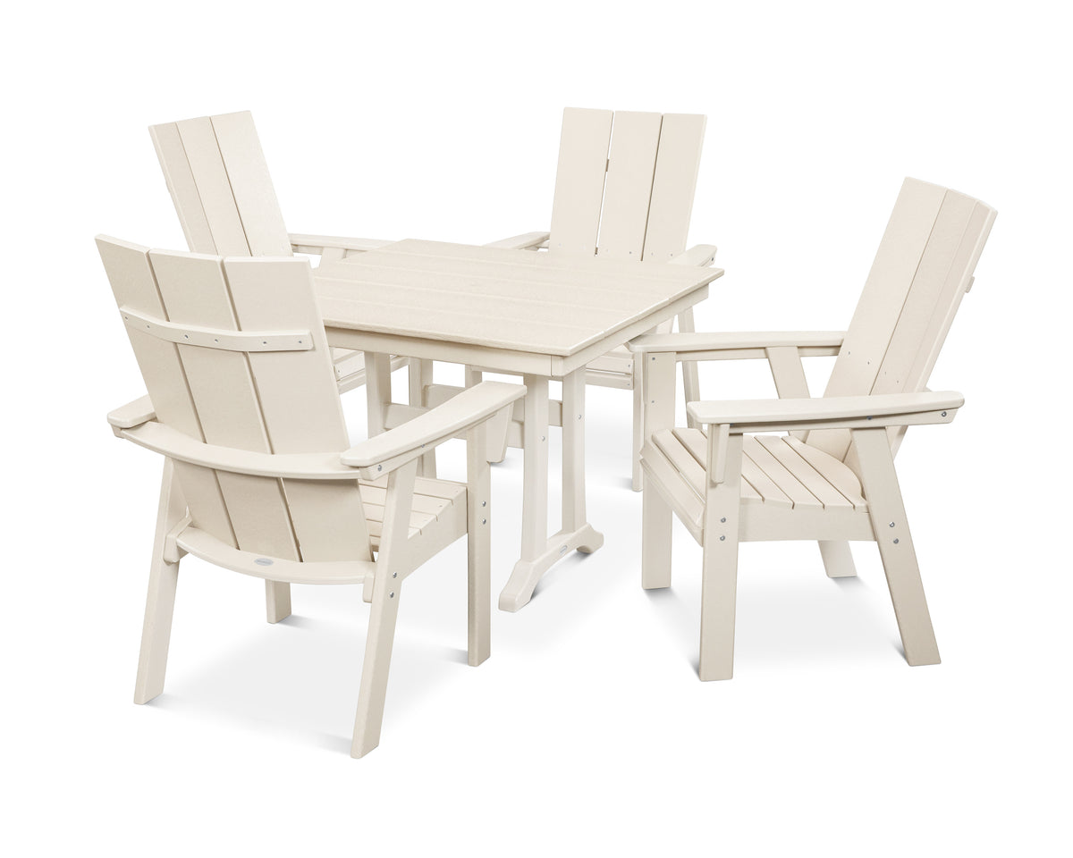 POLYWOOD Modern Curveback Adirondack 5-Piece Farmhouse Trestle Dining Set in Sand