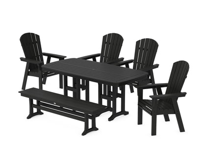 POLYWOOD Nautical Curveback Adirondack 6-Piece Dining Set with Bench in Black