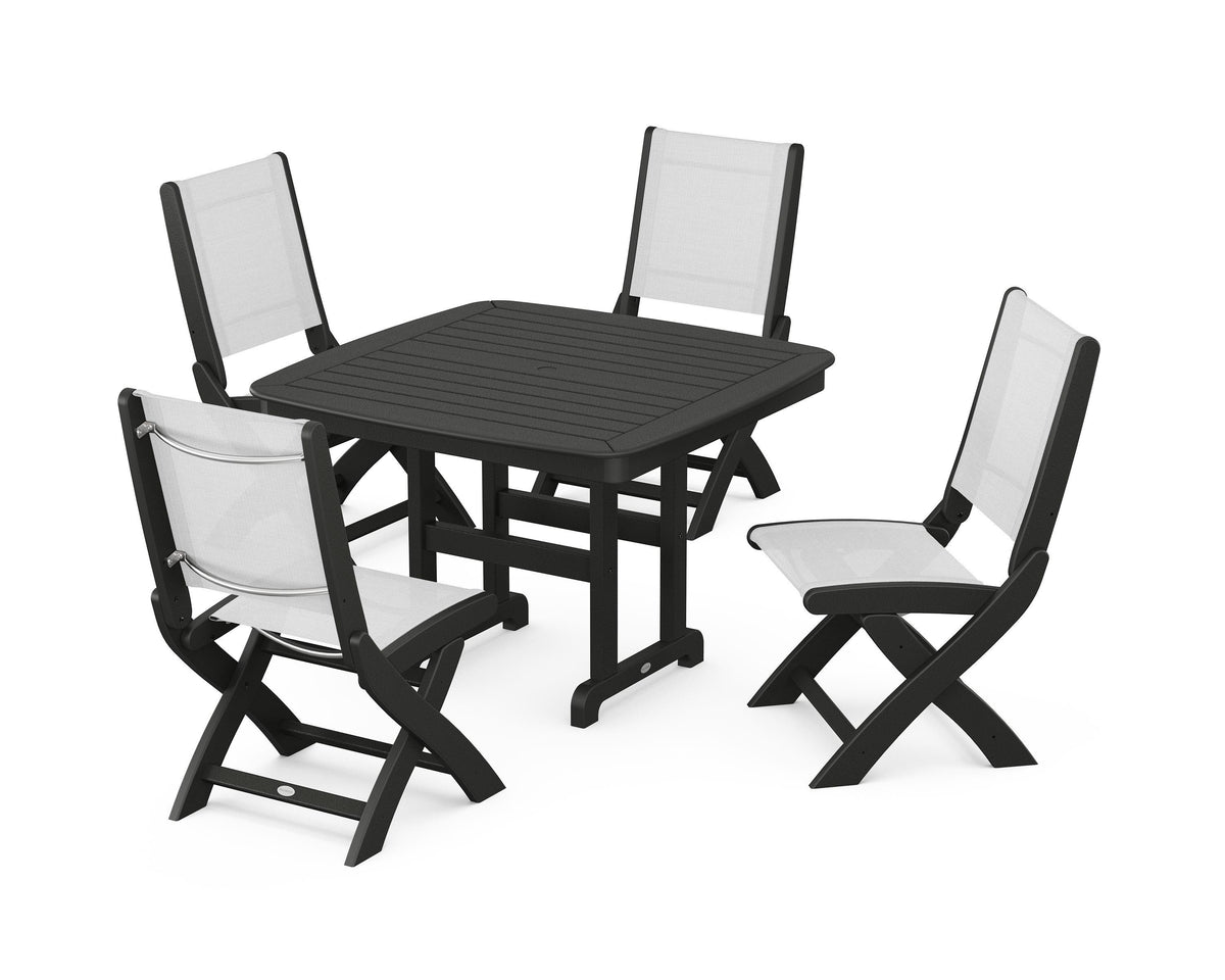 POLYWOOD Coastal Folding Side Chair 5-Piece Dining Set with Nautical 44" Dining Table in Black / White