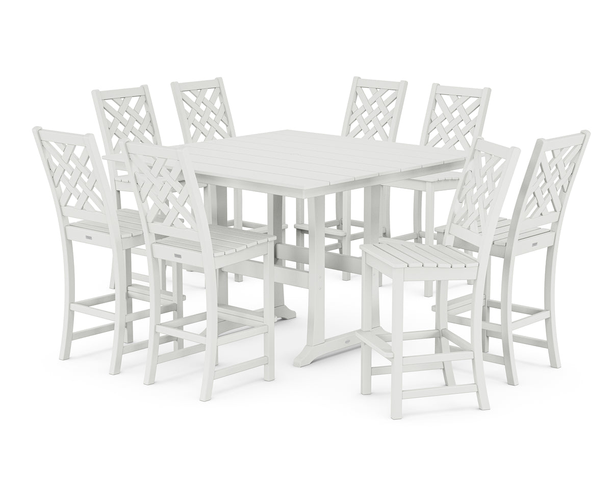 POLYWOOD Country Living Wovendale Side Chair 9-Piece Square Farmhouse Bar Set with Trestle Legs in White