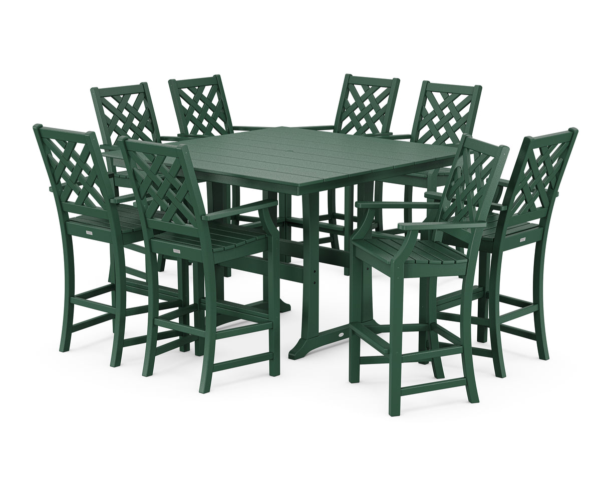POLYWOOD Country Living Wovendale 9-Piece Square Farmhouse Bar Set with Trestle Legs in Green