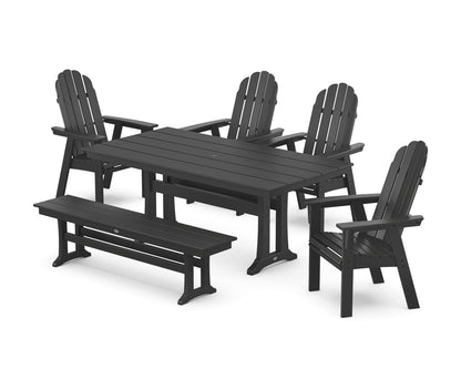 POLYWOOD Vineyard Curveback Adirondack Chair 6-Piece Farmhouse Dining Set with Trestle Legs and Bench in Black