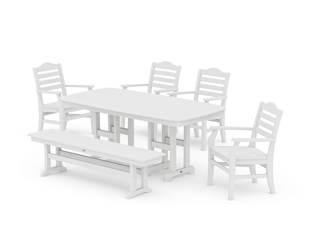 POLYWOOD Savannah 6-Piece Farmhouse Dining Set with Bench with Nautical 37" x 72" Dining Table in White
