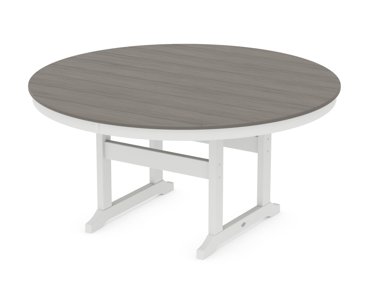 POLYWOOD 60" Round Farmhouse Dining Table in White / Driftwood