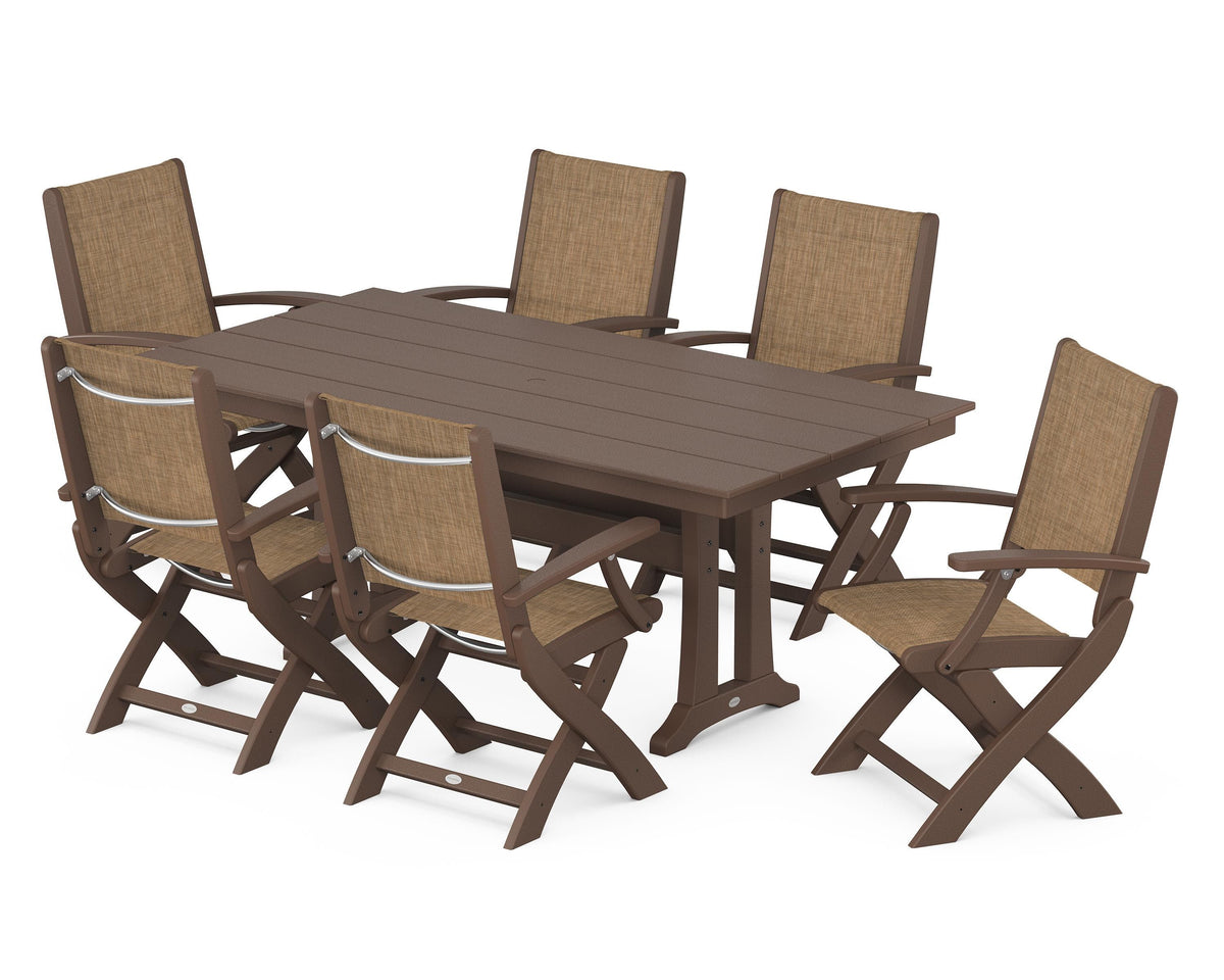 POLYWOOD Coastal Folding Arm Chair 7-Piece Farmhouse Dining Set with Trestle Legs in Mahogany / Burlap