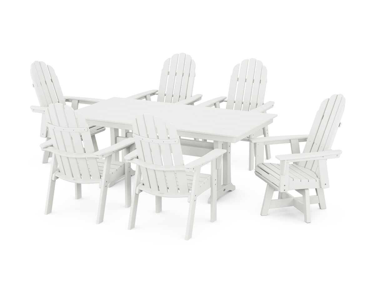 POLYWOOD Vineyard Curveback Adirondack Swivel Chair 7-Piece Farmhouse Dining Set with Trestle Legs in Vintage White