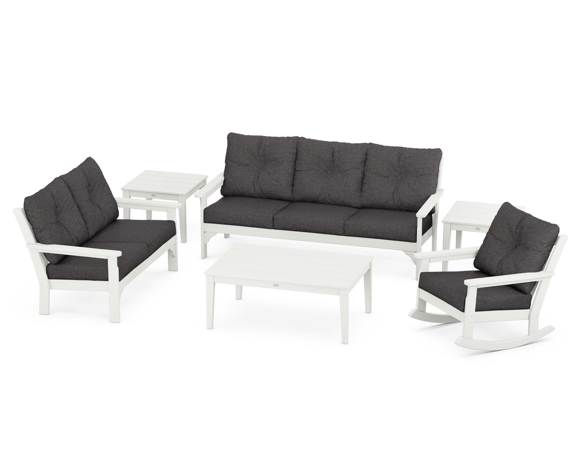 POLYWOOD Vineyard 6-Piece Deep Seating Set with Rocking Chair in Vintage White / Ash Charcoal