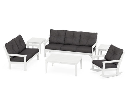 POLYWOOD Vineyard 6-Piece Deep Seating Set with Rocking Chair in White / Ash Charcoal