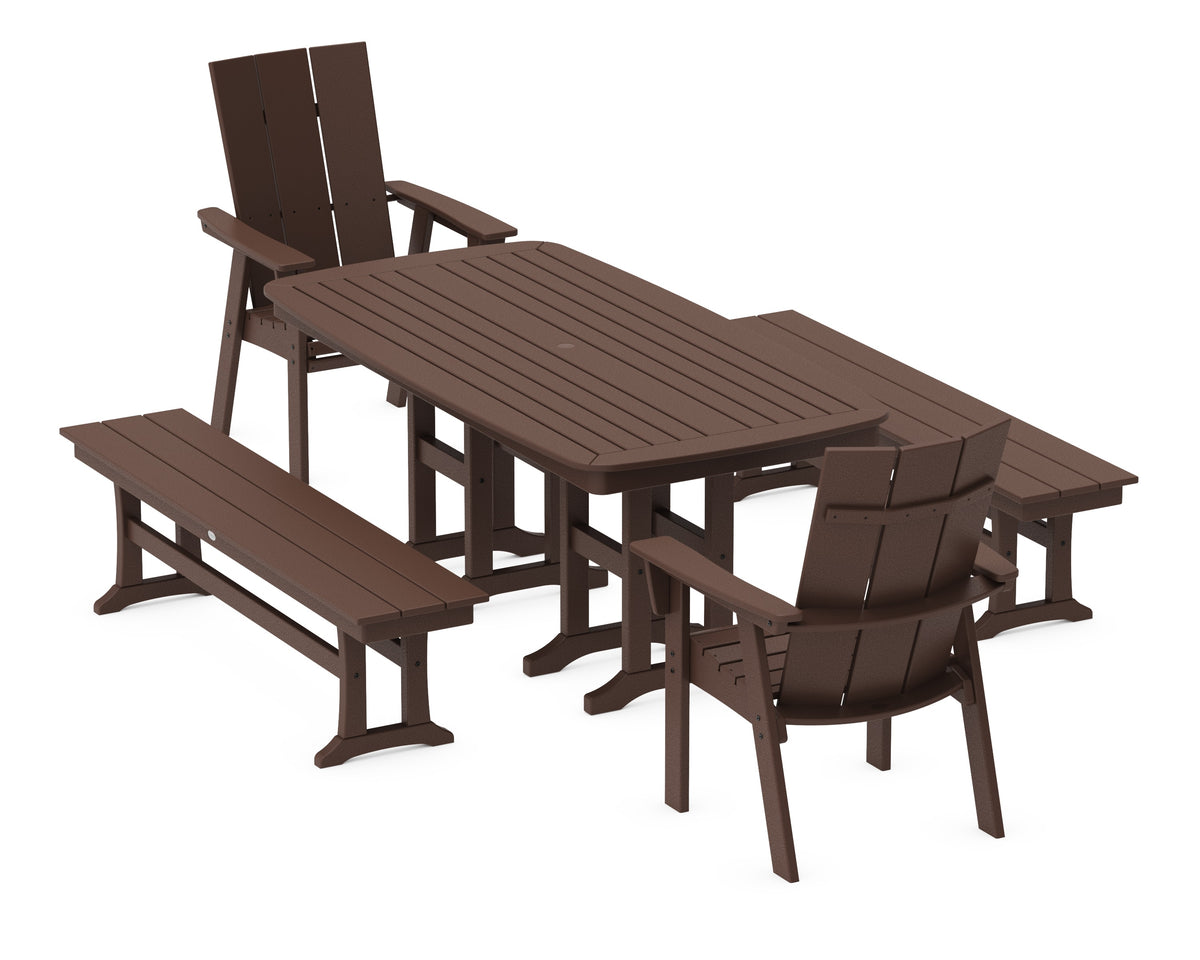 POLYWOOD Modern Curveback Adirondack 5-Piece Dining Set with Benches - 37" x 72" Table in Mahogany
