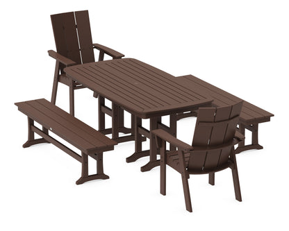 POLYWOOD Modern Curveback Adirondack 5-Piece Dining Set with Benches - 37" x 72" Table in Mahogany