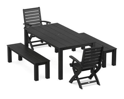 POLYWOOD Signature Folding Chair 5-Piece Parsons Dining Set with Benches in Black
