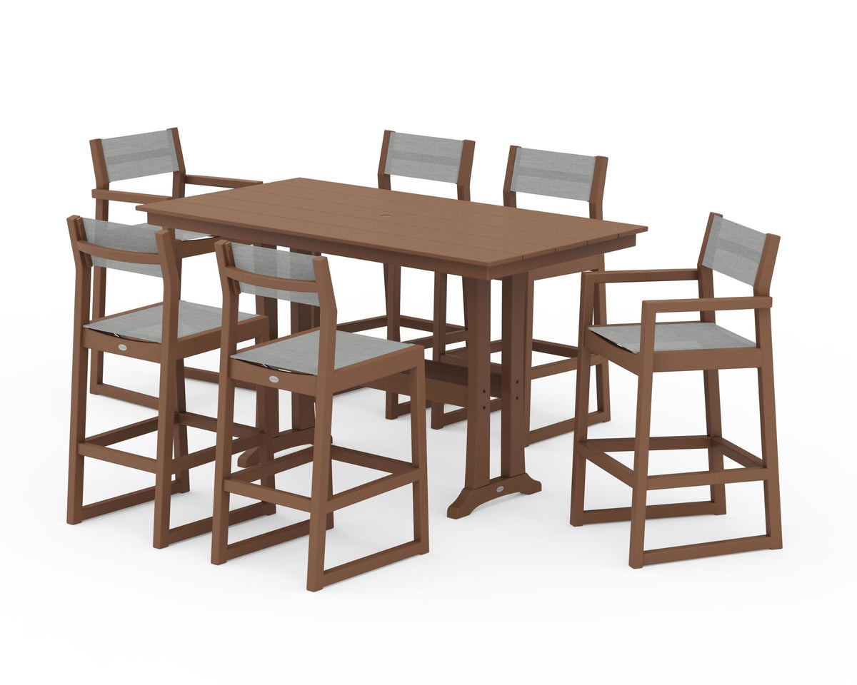 POLYWOOD EDGE Sling 7-Piece Farmhouse Bar Set with Trestle Legs in Teak / Metallic