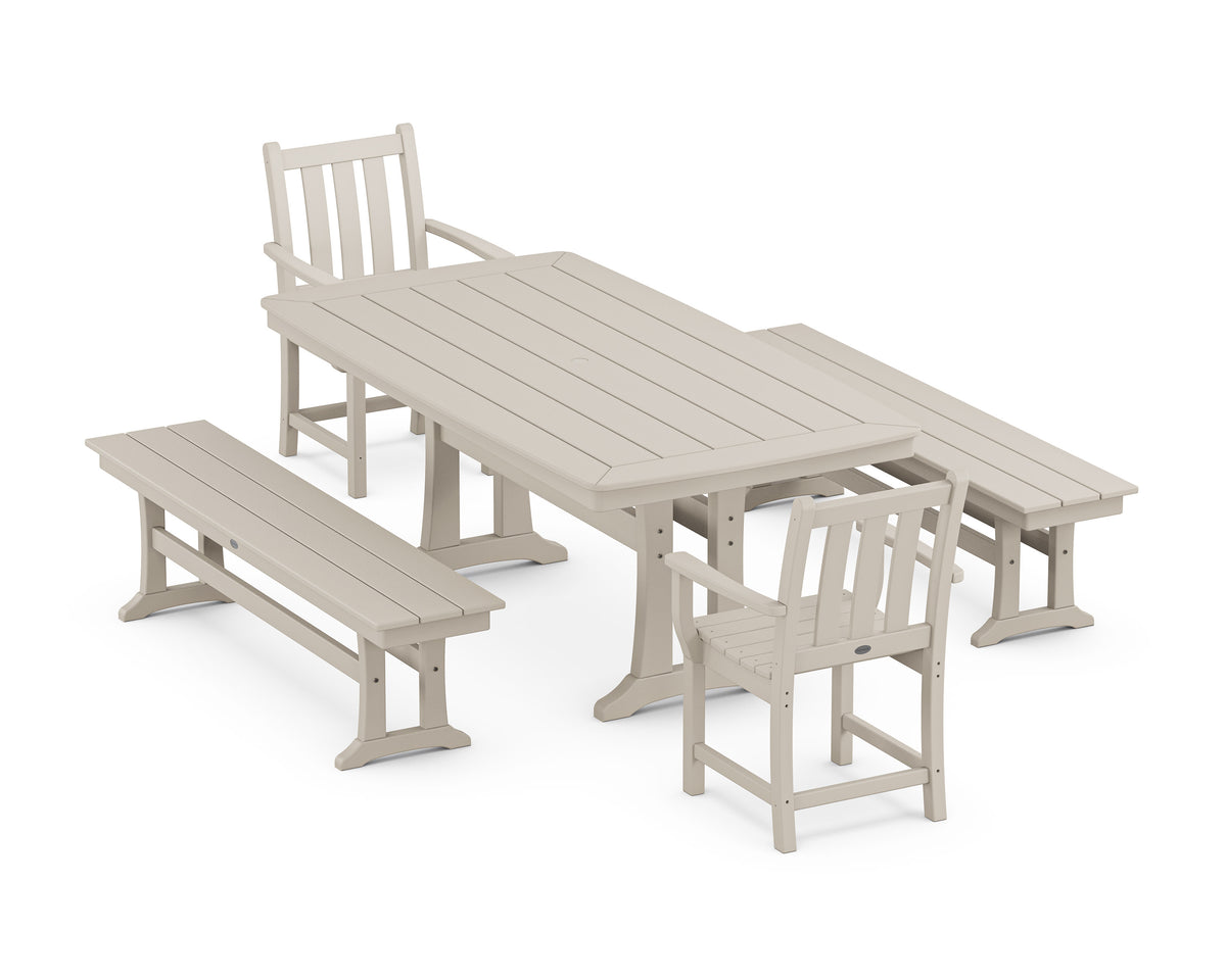 POLYWOOD Traditional Garden 5-Piece Dining Set with Trestle Legs - 38" x 73" Table in Sand