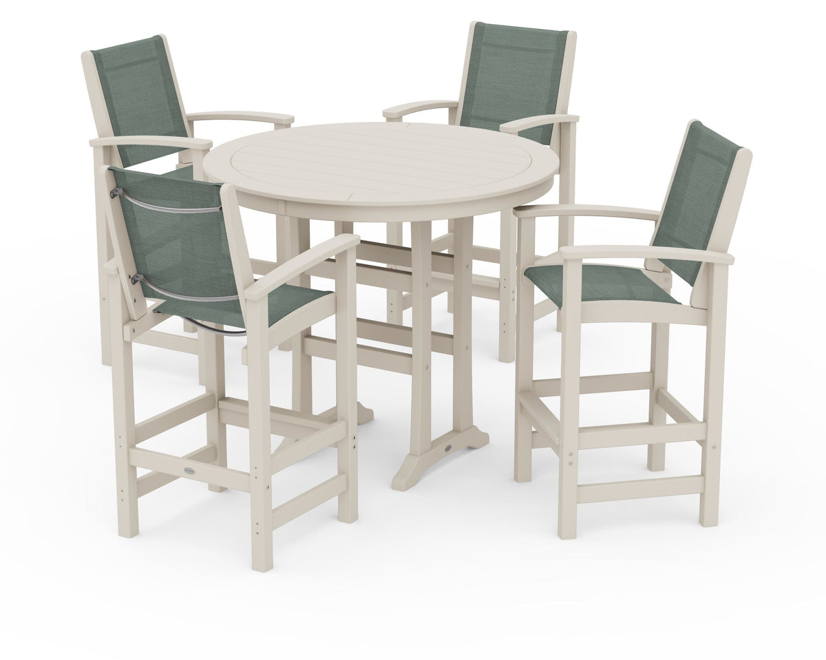 POLYWOOD Coastal 5-Piece Nautical Trestle Bar Set in Sand / Dupioni Sea Mist