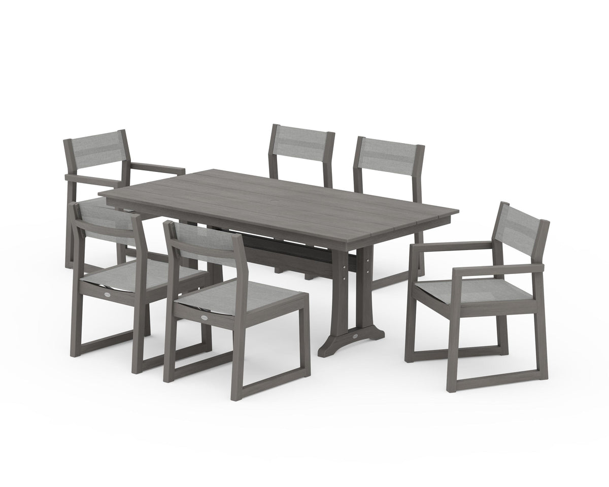 POLYWOOD EDGE Sling 7-Piece Farmhouse Trestle Dining Set in Driftwood / Metallic