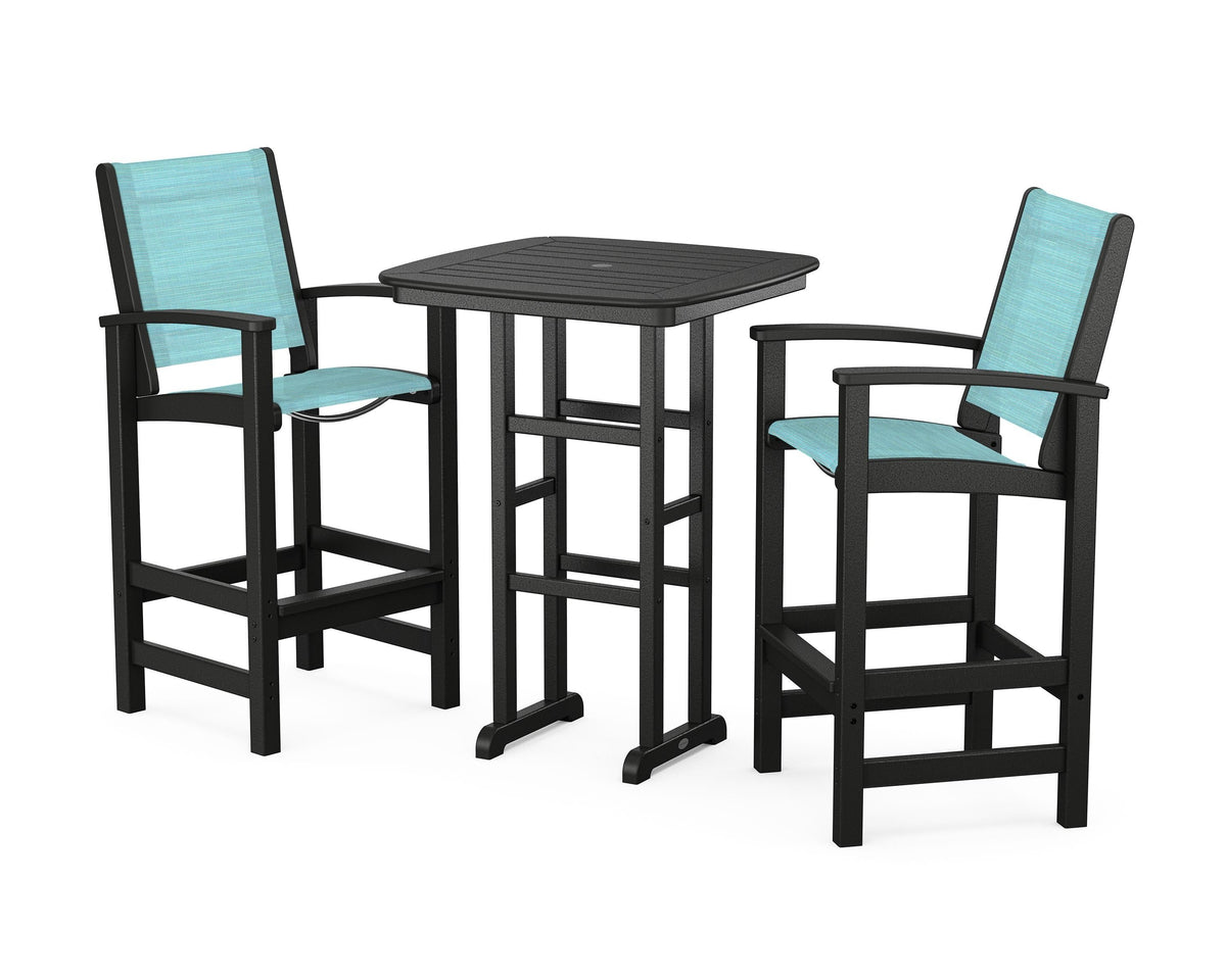 POLYWOOD Coastal 3-Piece Bar Set in Black / Dupioni Aquamarine
