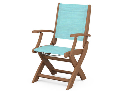 POLYWOOD Coastal Folding Chair in Teak with Teak arms and Dupioni Aquamarine sling