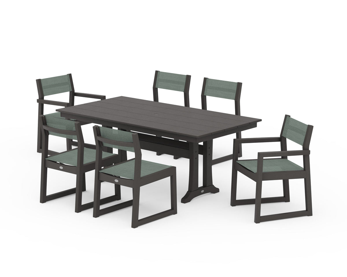 POLYWOOD EDGE Sling 7-Piece Farmhouse Trestle Dining Set in Vintage Coffee / Dupioni Sea Mist