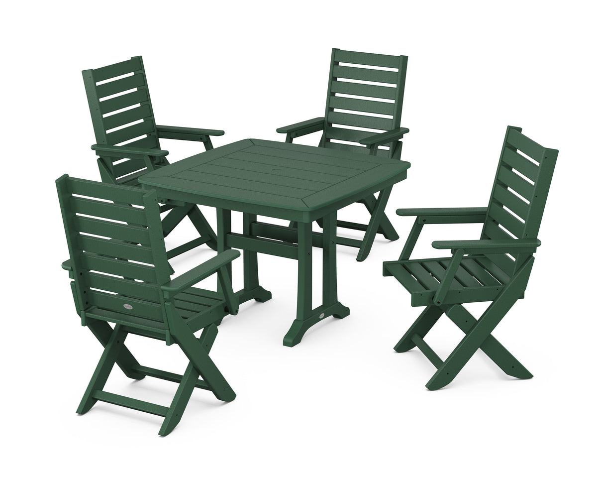 POLYWOOD Captain Folding Chair 5-Piece Dining Set with Trestle Legs - 37" Table in Green