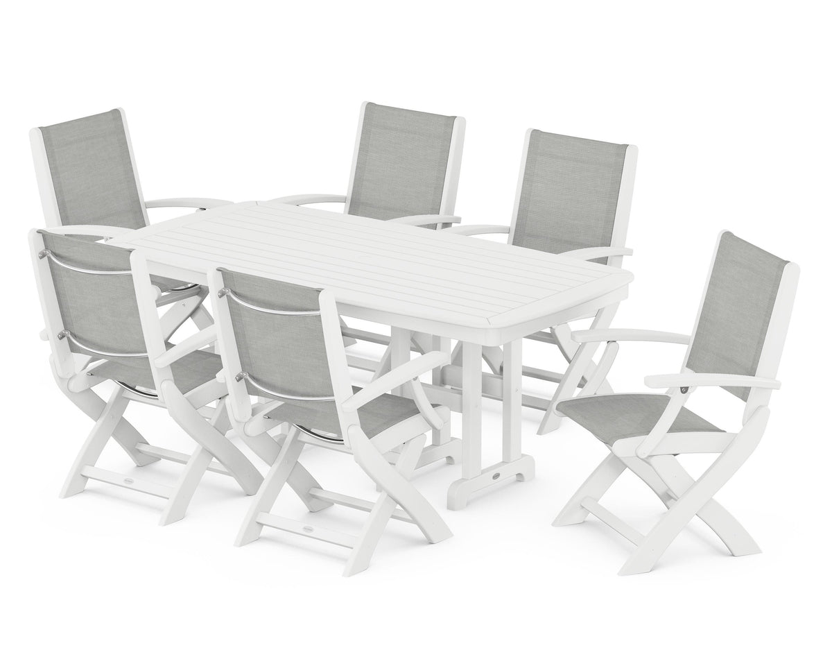 POLYWOOD Coastal Folding Arm Chair 7-Piece Dining Set in White / Metallic
