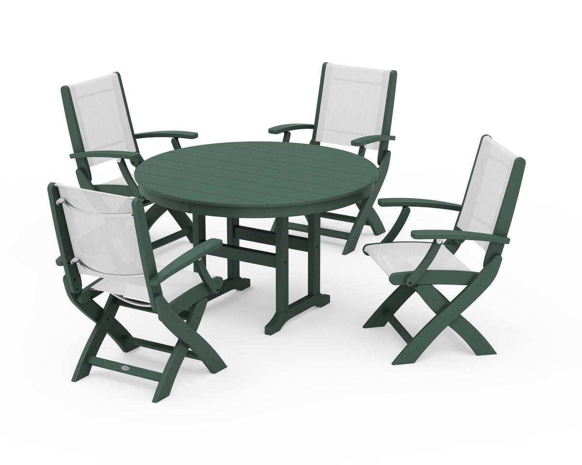 POLYWOOD Coastal Folding Chair 5-Piece Round Dining Set in Green / White
