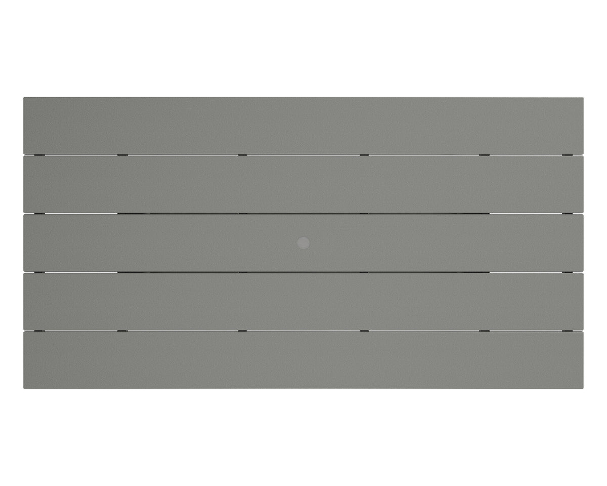 Angled view of the POLYWOOD Farmhouse 37" x 72" Trestle Dining Table from the set in Slate Grey