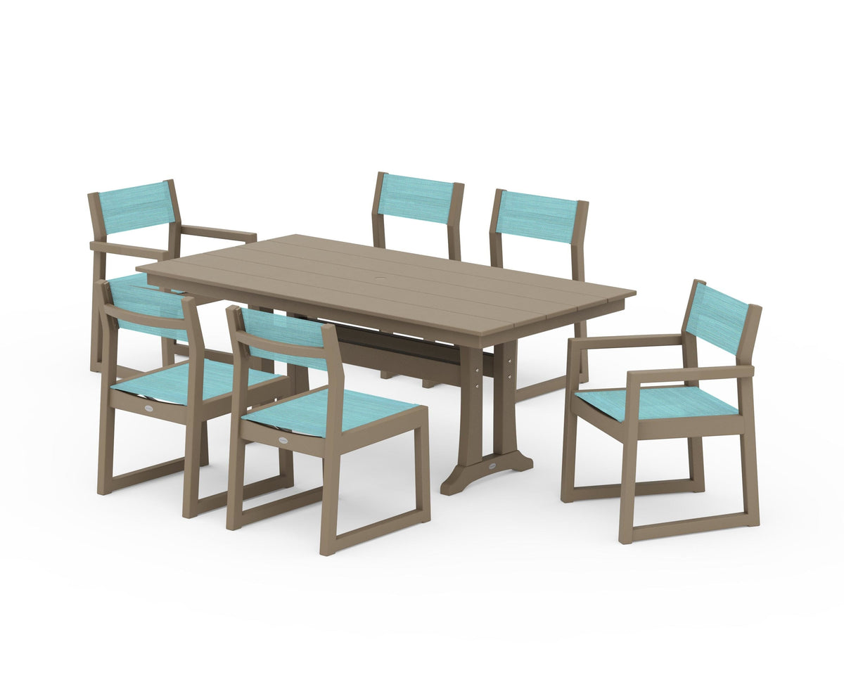 POLYWOOD EDGE Sling 7-Piece Farmhouse Trestle Dining Set in Vintage Sahara / Dupioni Aquamarine