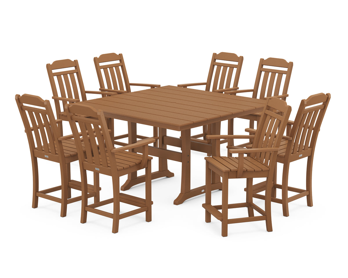POLYWOOD Country Living Cottage 9-Piece Square Farmhouse Counter Set with Trestle Legs in Teak
