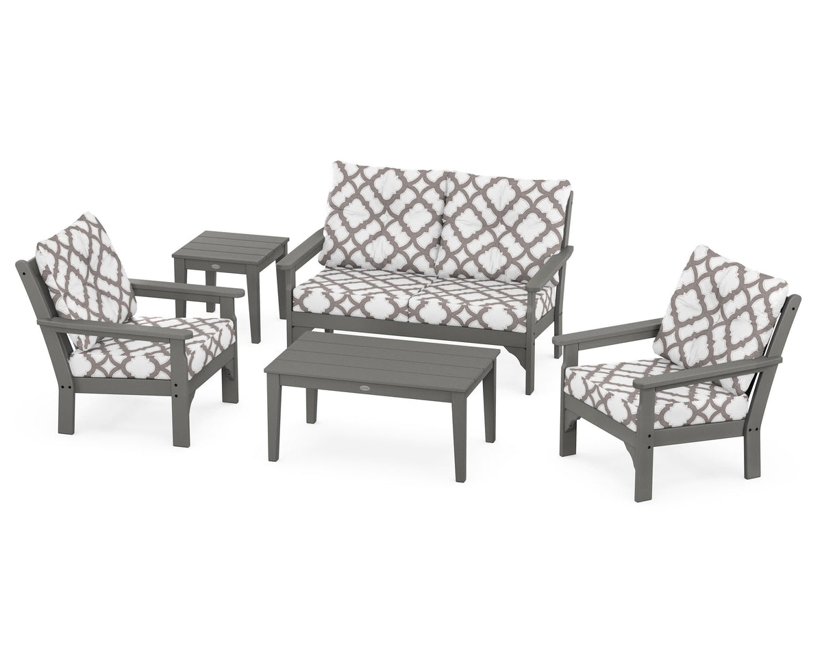 POLYWOOD Vineyard 5-Piece Deep Seating Set with Two Chairs and Loveseat in Slate Grey / Trellis Grey Mist