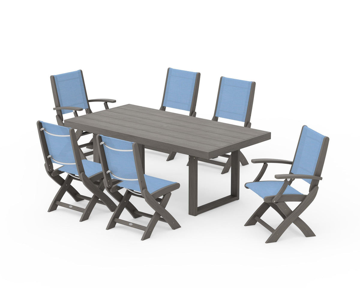 POLYWOOD Coastal Folding Chair 7-Piece Dining Set with Trestle Legs with EDGE 40" x 78" Dining Table in Driftwood / Poolside