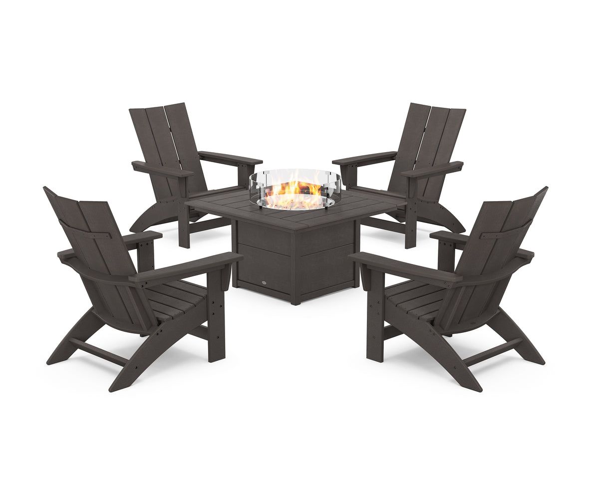 POLYWOOD 5-Piece Modern Grand Adirondack Conversation Set with Fire Pit Table in Vintage Coffee