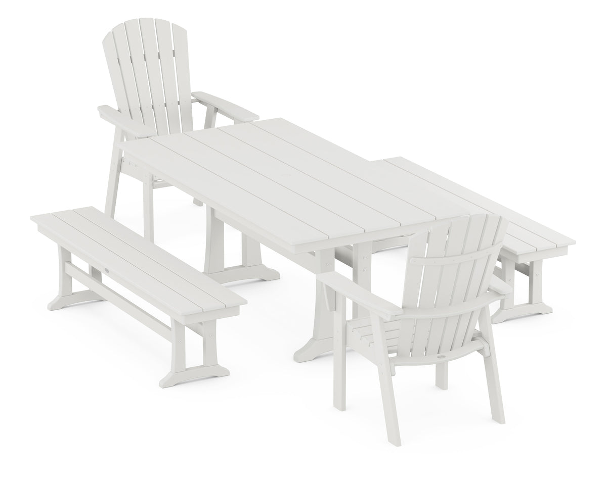 POLYWOOD Nautical Adirondack 5-Piece Farmhouse Dining Set with Trestle Legs - 37" x 72" Table in Vintage White