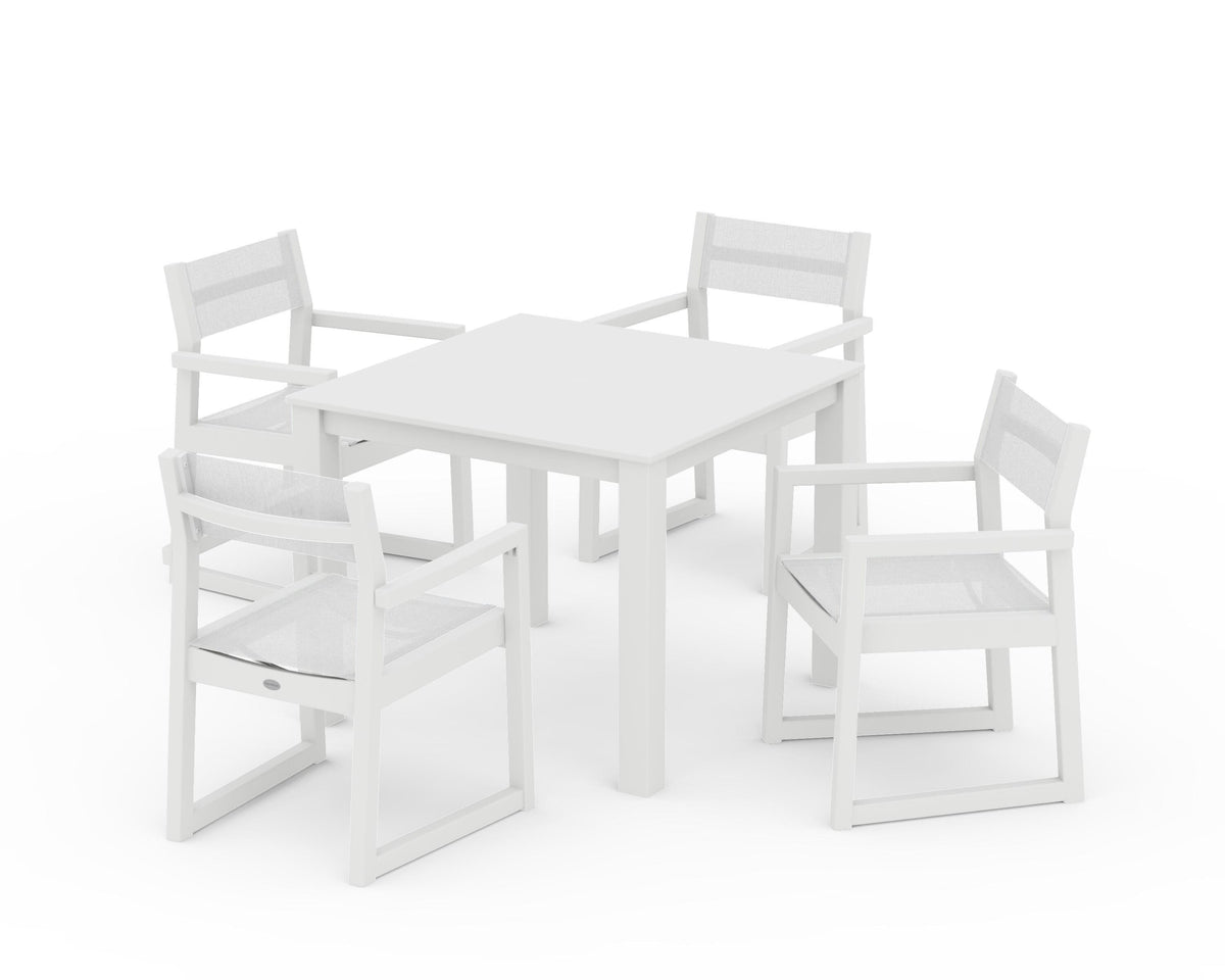 POLYWOOD EDGE Sling Arm Chair 5-Piece Parsons Dining Set in White / White