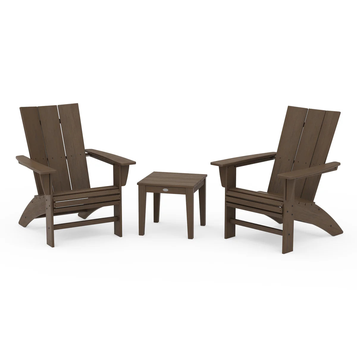 Two wooden Adirondack chairs with a matching side table on a white background