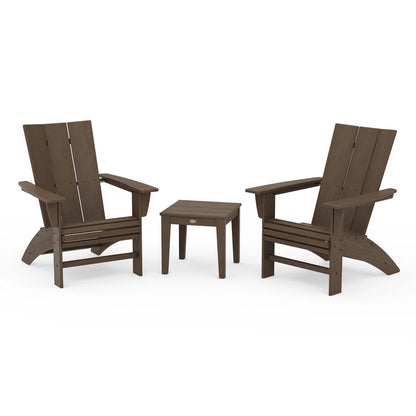 Two wooden Adirondack chairs with a matching side table on a white background