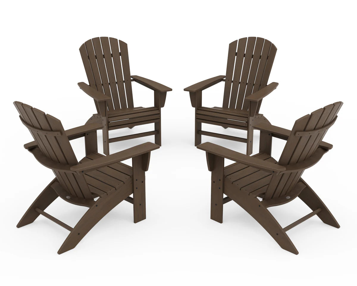 Four brown Adirondack chairs arranged in a circle on a white background