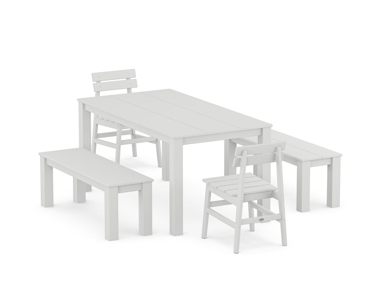 POLYWOOD Modern Studio Plaza Chair 5-Piece Parsons Dining Set with Benches - 34" x 64" Table in White