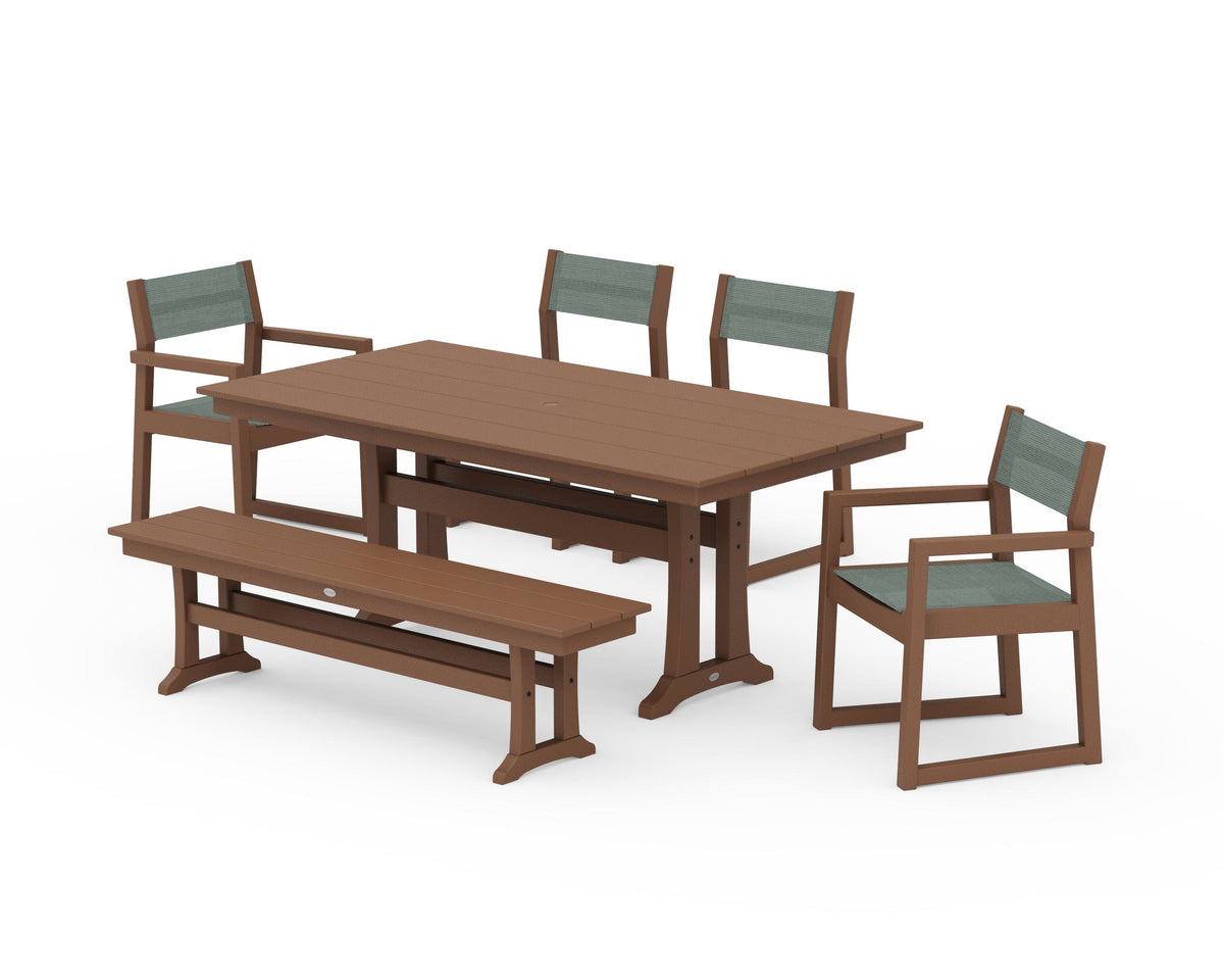 POLYWOOD EDGE Sling 6-Piece Farmhouse Dining Set With Trestle Legs in Teak / Dupioni Sea Mist