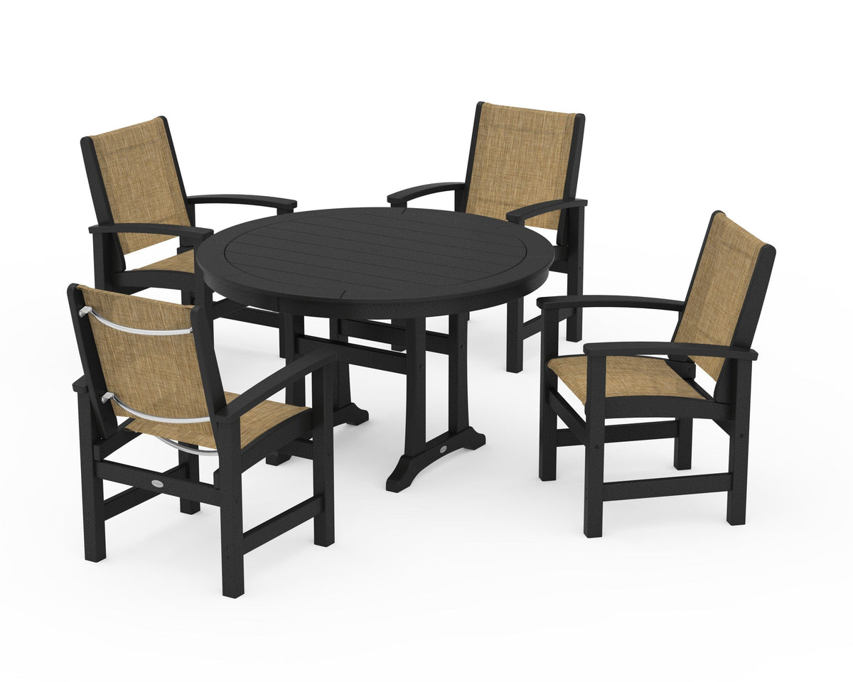 POLYWOOD Coastal 5-Piece Round Dining Set with Trestle Legs in Black / Burlap
