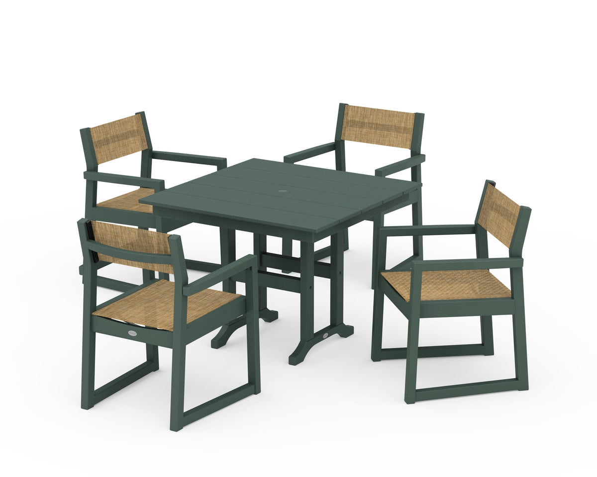 POLYWOOD EDGE Sling Arm Chair 5-Piece Farmhouse Dining Set in Green / Burlap