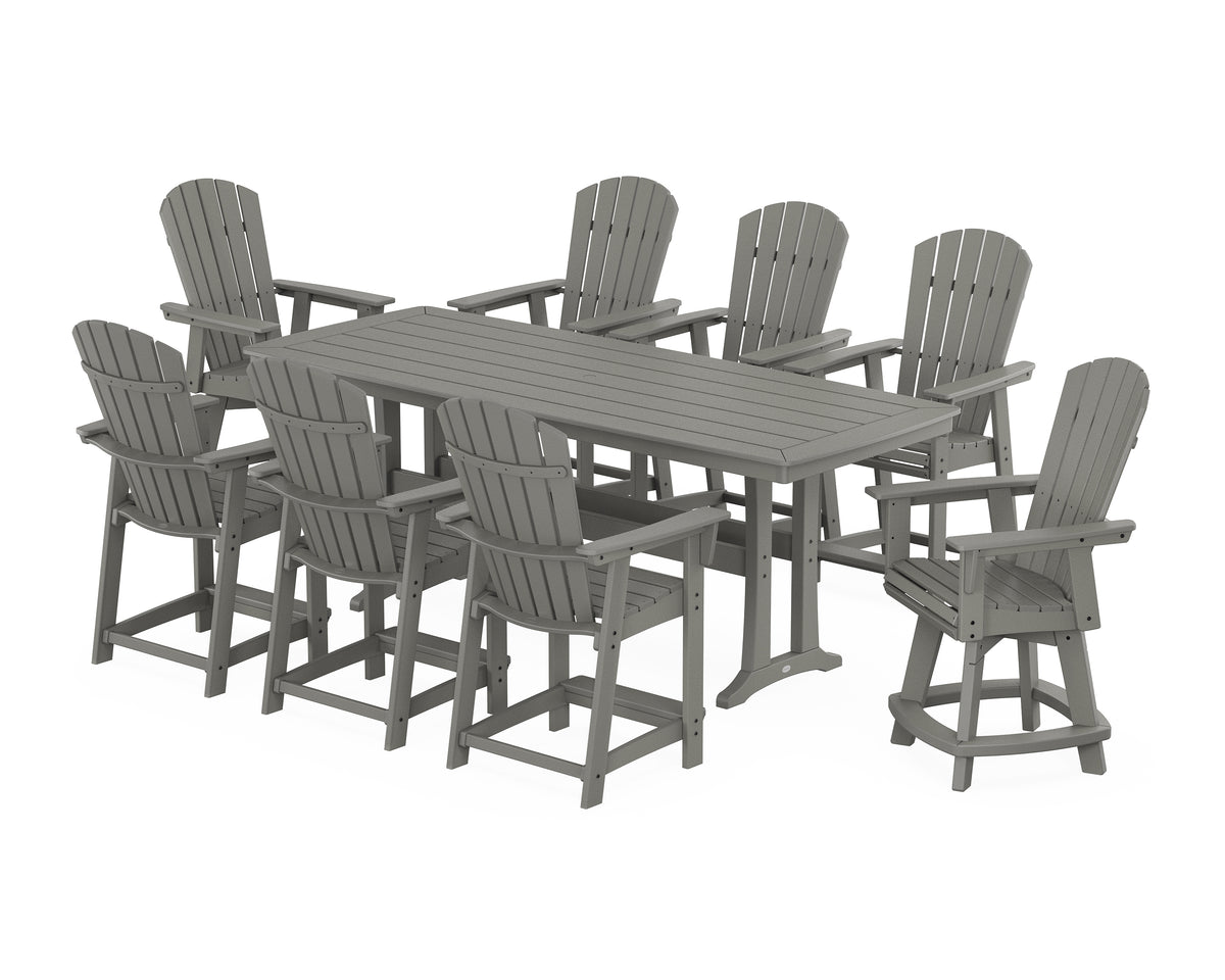 POLYWOOD Nautical Curveback Adirondack Swivel 9-Piece Counter Set with Trestle Legs in Slate Grey